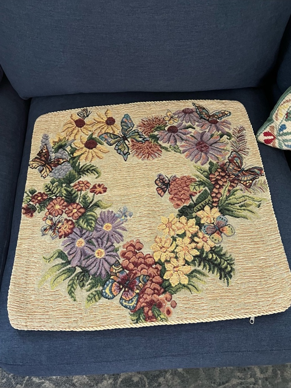 Embroidered Floral Butterfly Tapestry Pillow Cover